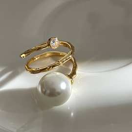 2022年时尚轻奢ins风缠绕珍珠可调节大小金银两色显手指纤细戒指