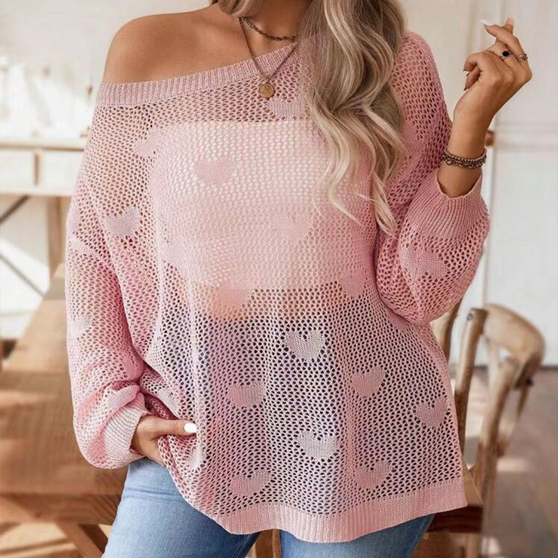 2024 cross-border Amazon women's loose gauze woven sexy love pattern fashion all-match pullover sweater