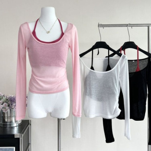 Thin Breathable Autum Suit Women's Round Neck Long-Sleeved Sun Protection Top + Sexy Halterneck Camisole Two-Piece Suit