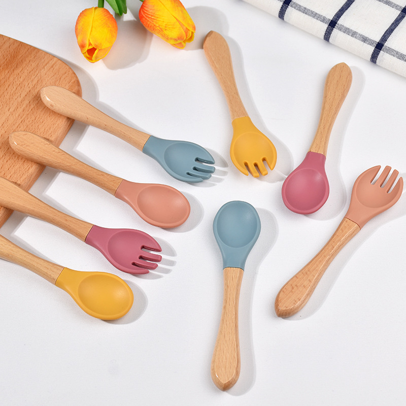 Food-Grade Silicone Baby Wooden Handle Fork and Spoon Children's Learning to Eat Training Spoon Baby Complementary Food Tableware Set Soft Spoon