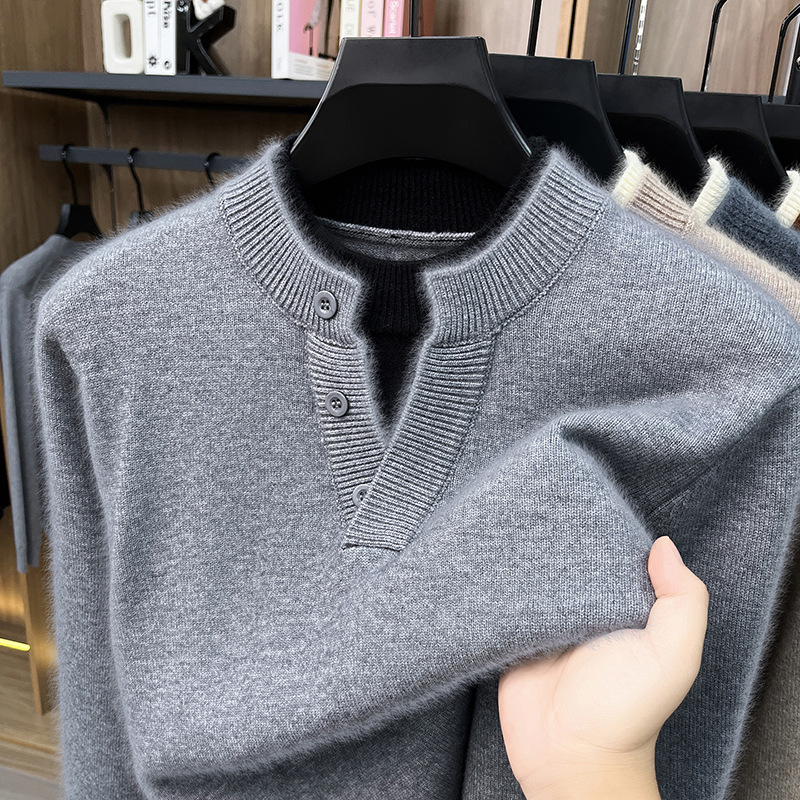 Men's lightweight luxury wool sweater, 100% pure wool, thickened, faux two-piece design, Korean-style loose-fit, warm sweater for young and middle-aged men
