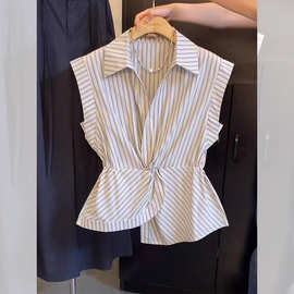 设计感polo领条纹衬衫女夏5新腰显瘦别致小衫无袖坎肩衣