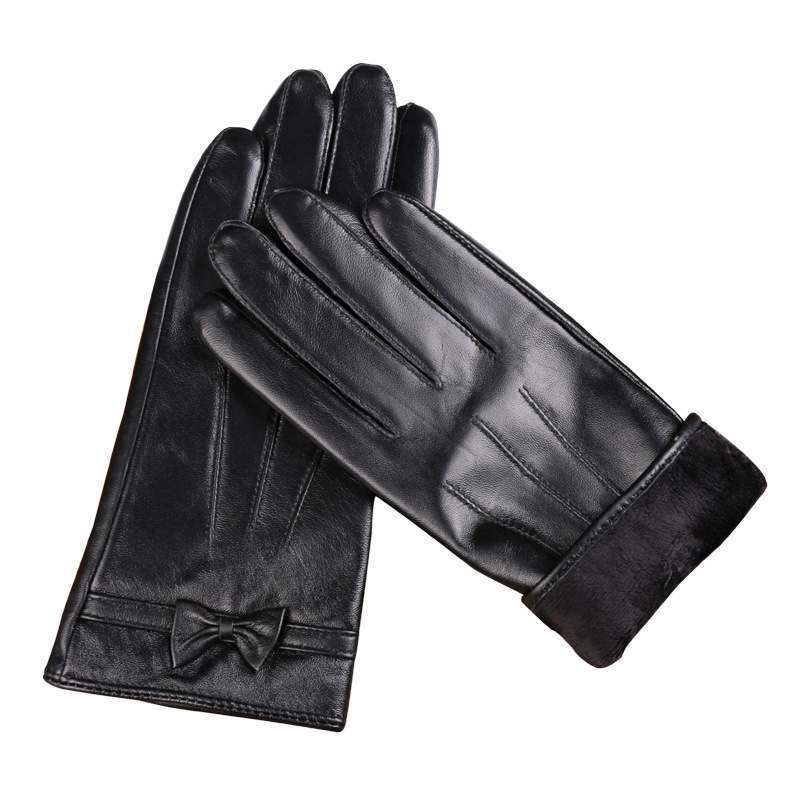 Guantes de piel de oveja de otoño e invierno para mujer forrados de lana engrosados deportes al aire libre guantes de pantalla táctil de arco de moda a prueba de frío cálido