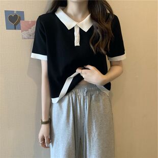 Simple Color-Inserted Polo Collar Elegant T-Shirt Women's Summer Loose Slim-Fit Style Chanel Style Korean Style Pure Style Top Short Sleeve