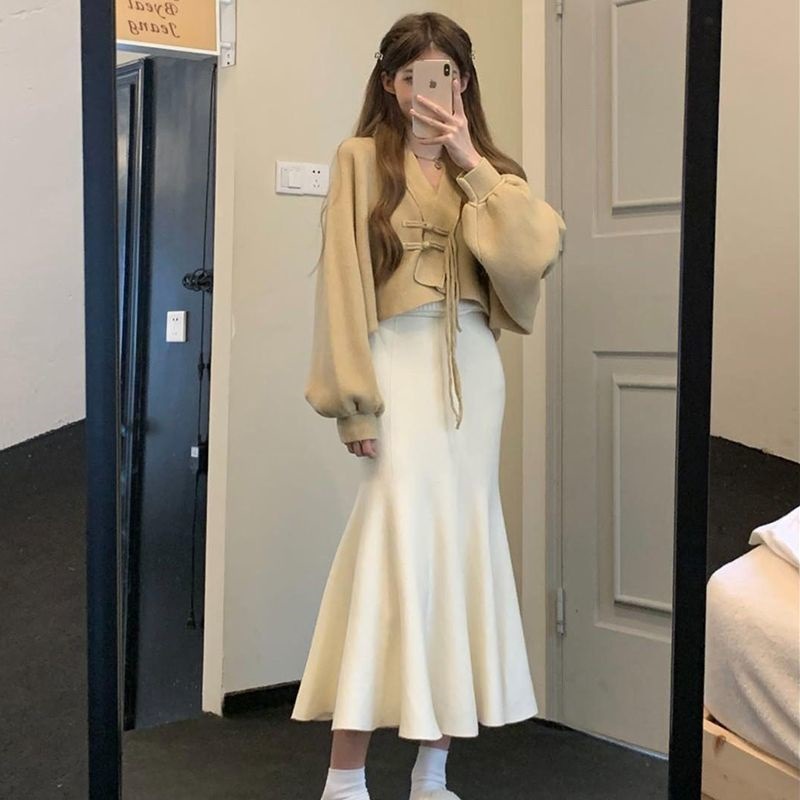 (2개) 플러스 사이즈 여성의 가을과 겨울 세트 여성의 2023 새로운 사교계 바람 튀긴 거리 중국 블라우스 원피스 투피스 세트