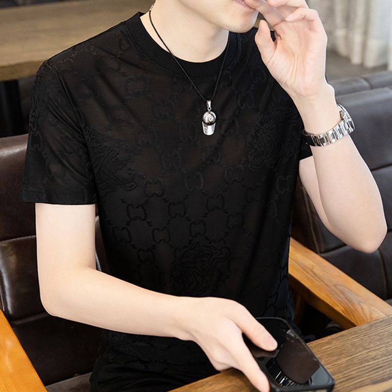 Joven seda de hielo nueva moda camiseta de base de manga corta tendencia de verano delgada camiseta de cuello redondo camiseta de manga corta guapo hombre camiseta