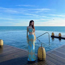 复古洋气油画扎染长袖修身一字肩时尚夏季高腰半身裙长裙包臀套装