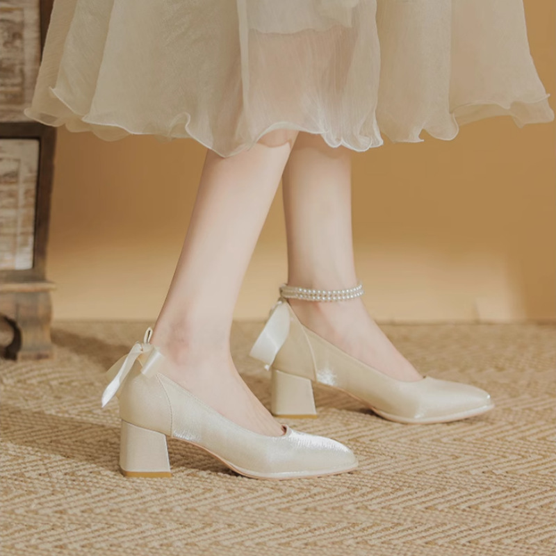 Thick High Heels Wedding Shoes Women's High Heel Bow Bridal Shoes 2025 Spring New Arrival Mary Jane Women's Shoes Square-toe Single-layer Shoes Thick High Heels Wedding Shoes Women's High Heel Bow Bridal Shoes 2025 Spring New Arrival Mary Jane Women's Shoes Square-toe Single-layer Shoes