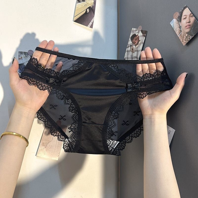 French-Style Sheer Lace Bow Panties for Women, Summer Thin Breathable Sexy Pure Cotton Crotch Briefs