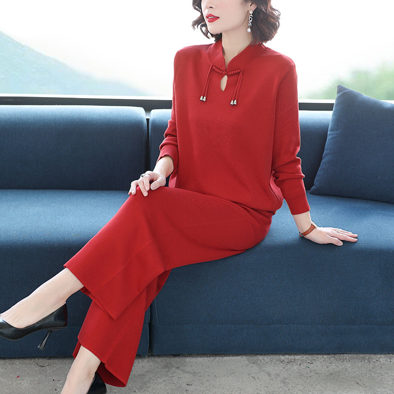 国风冰丝针织运动套装女士2025春秋时尚立领阔腿裤休闲两件套