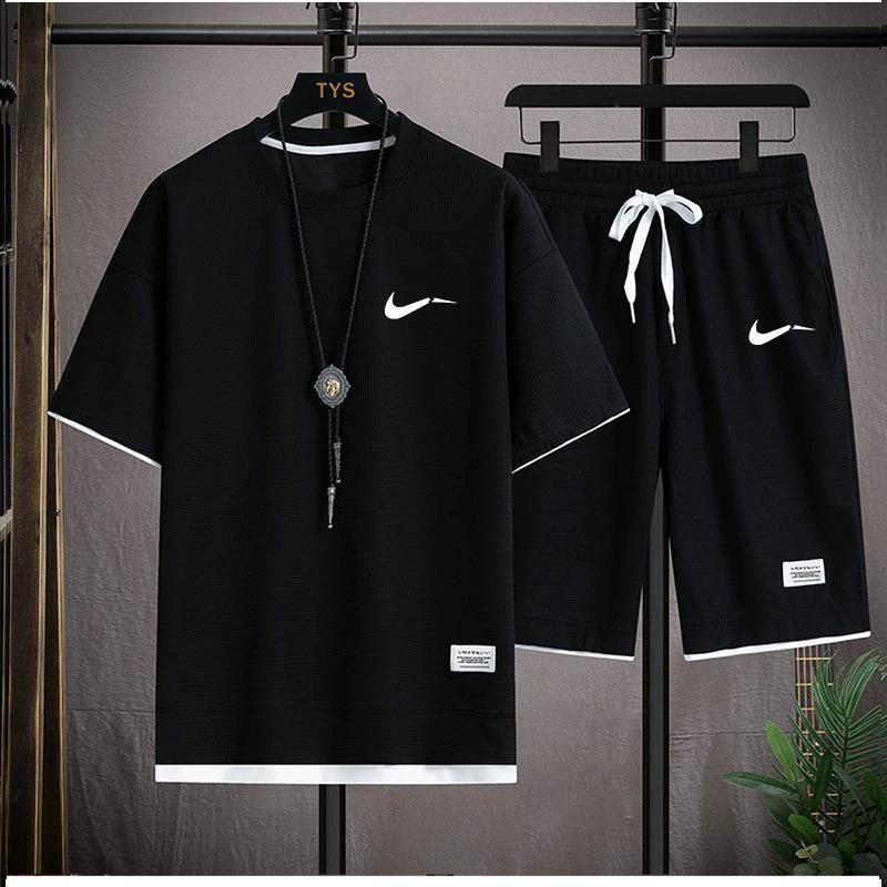 Летний новый вафельный короткий костюм мужской в корейском стиле, свободный молодежный стиль, стильные шорты с коротким рукавом, повседневный модный комплект из двух предметов