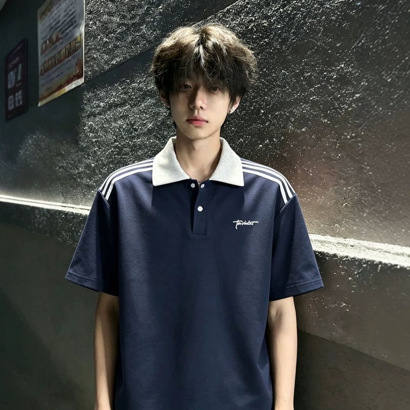 Navy Blue Striped Color-Block Polo Shirt for Men, Short-Sleeve American College Style Heavyweight T-Shirt, Regular Shoulder Boxy Fit Half-Sleeve