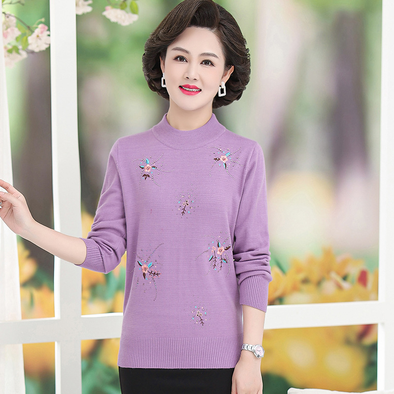 中老年女装时尚绣花半高领针织衫大码宽松妈妈装适合5070女装毛衣，女装中老年女装，妃慕昵服饰