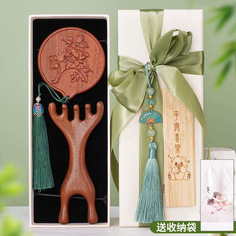 中国风荷花鱼檀木按摩梳五齿梳子礼盒高级感送老师长辈妈妈伴手礼|undefined