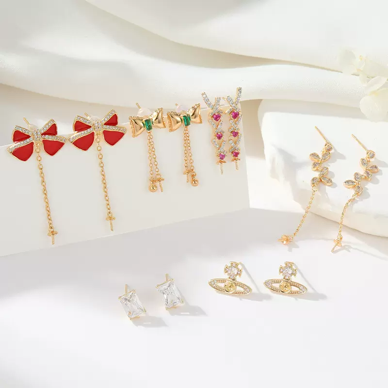 小众设计蝴蝶结流苏耳坠女轻奢珍珠耳钉带珠托高级感半成品耳饰