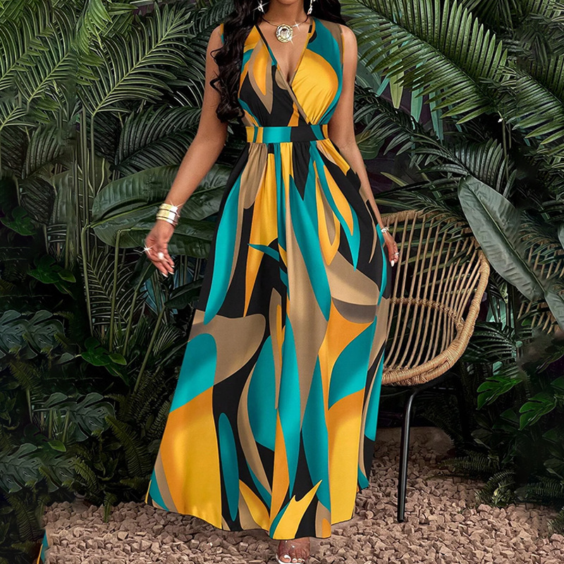 287g Weight Maxi Long Dress Dress Length Type Sleeveless Sleeve Length Wholesale Women's Elegant Sexy Tropical Printing Printing Family Gathering Travel Beach V Neck Sleeveless A- Line Skirt