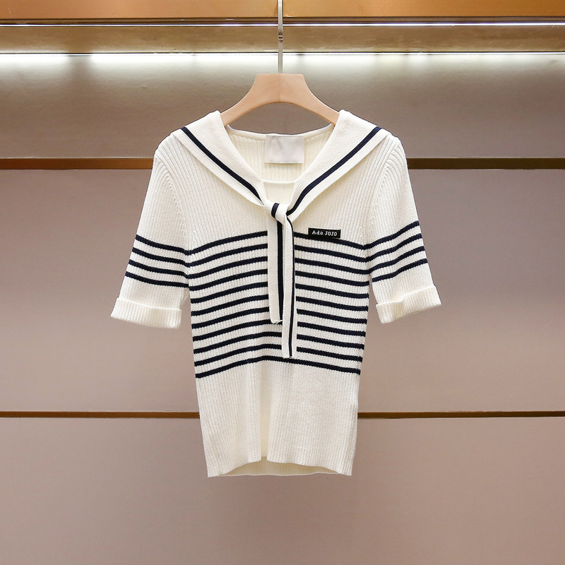 Shenzhen Nanyou High-End Women's Clothing Summer New Korean Style Fashion Youthful Color-Blocking Striped Navy Collar Short-Sleeve Knit Top