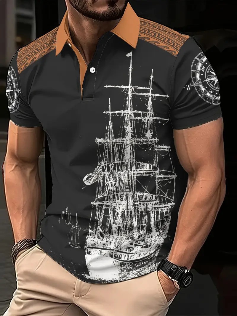 Polo de hombre con estampado 3D para comercio transfronterizo 2025, camiseta polo sin mangas informal con patrón para hombre, estilo D de seda helada.