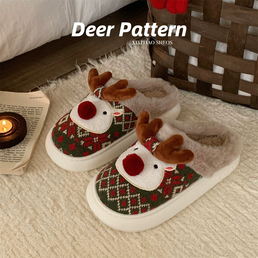Милые домашние плюшевые теплые тапочки для беременных с мягкой подошвой, зима 2025, новые рождественские тапочки с оленями из хлопка для женщин