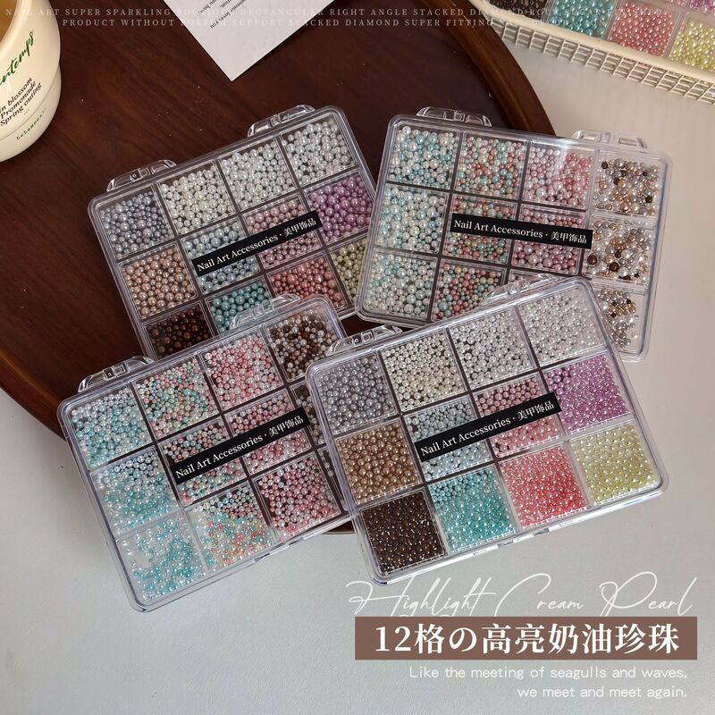 High-Gloss Nail Art Pearl Decorations 12-Compartment Set Dopamine-Colored Mixed Size 3D Round Pearl Nail Art Decorations