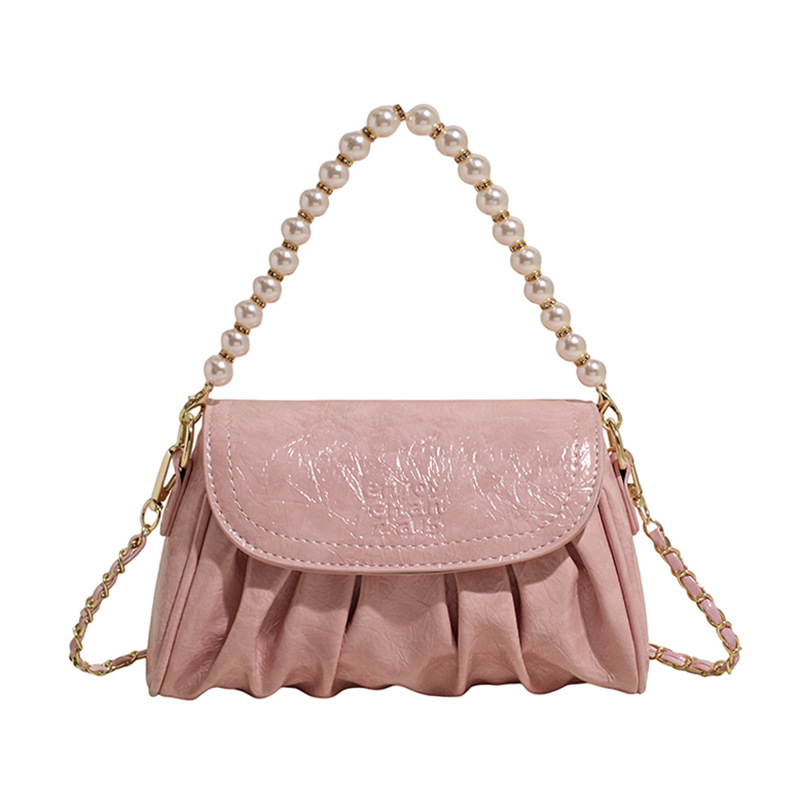 Bolso de alta calidad con textura 2025 verano nuevo estilo bolso femenino patrón de agarre de mano plisado bolso de hombro con cadena de cuentas bolso de mensajero