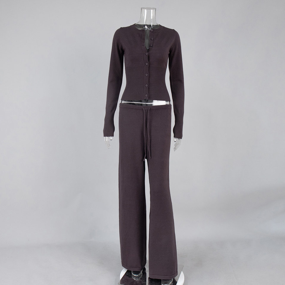 Bộ cardigan dệt kim nữ tay dài dáng ôm kèm quần dài cạp thấp — Màu xanh hải quân, màu sô cô la, màu xám đậm, quả mơ chi tiết 3