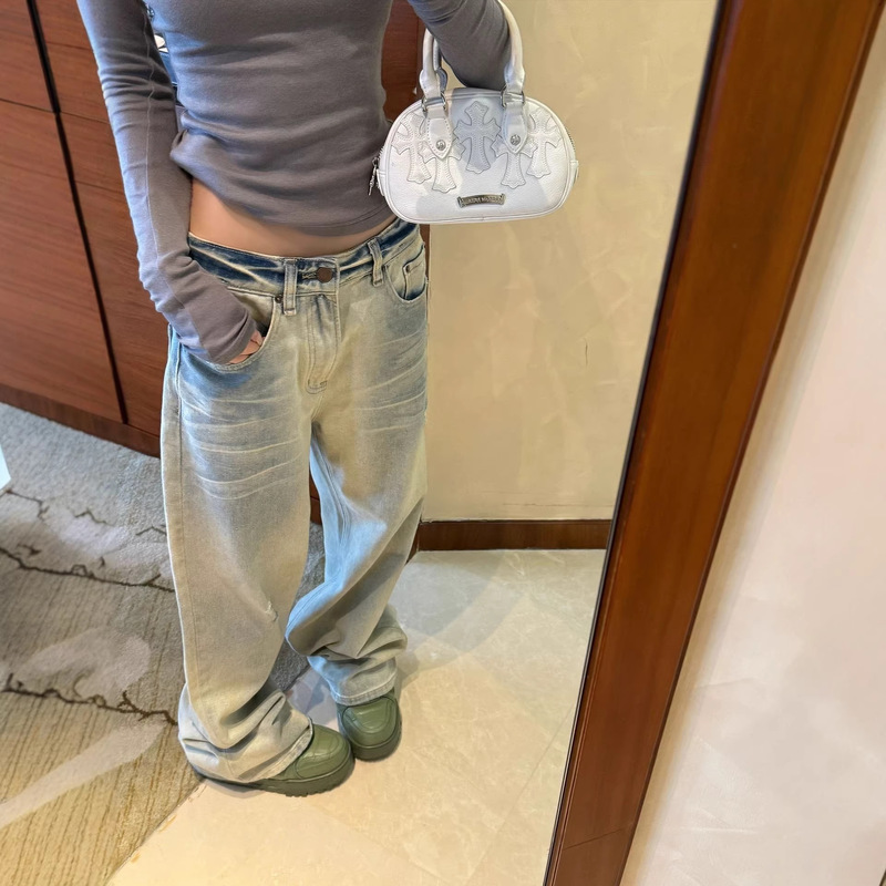 Sunoneoe Light-Colored Washed Gradient Jeans for Women, New Summer Style, Low-Waisted, Loose, Lazy Wide-Leg Casual Pants