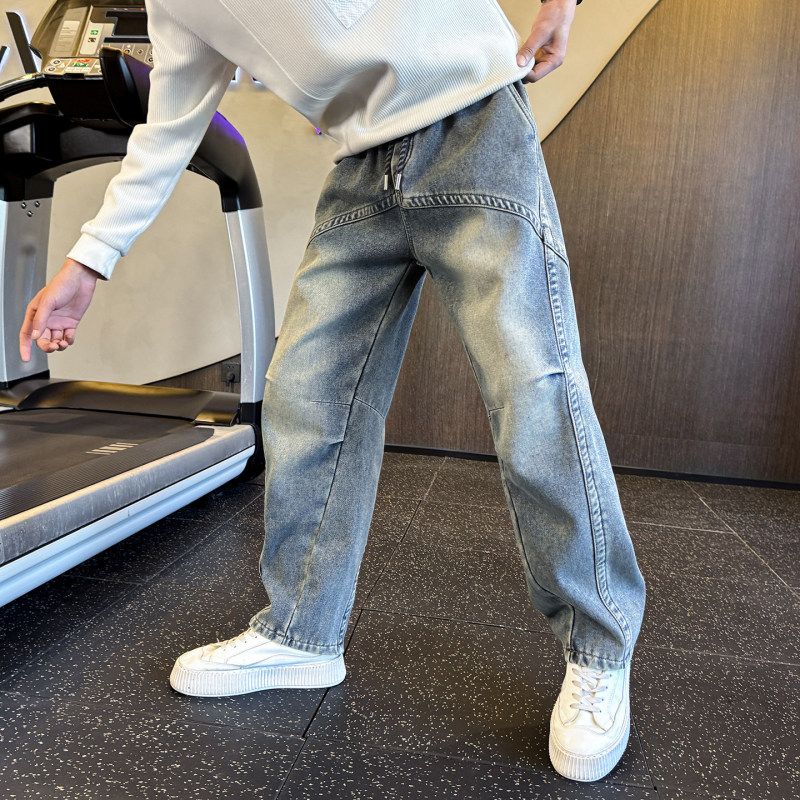 American Retro Blue Straight-Leg Jeans for Men, New Trendy Brand, Deconstructed Loose Fit, Versatile Elastic Waist Casual Long Pants for Men