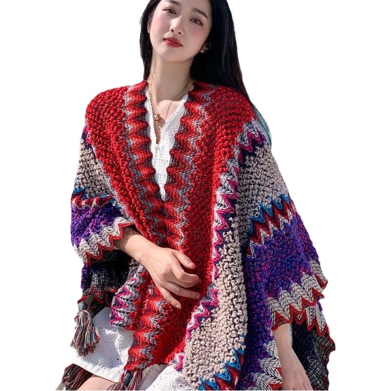 Ethnic style shawl women's autumn and winter outer wear long retro cloak tassel cloak scarf Yunnan travel vacation wear