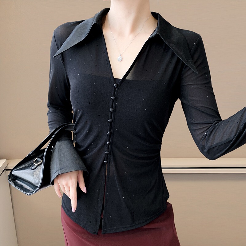 Southeast Asia 2025 European Fashion Pleated Slim Fit Rhinestone Shirt Chic Long-Sleeve Elegant Blouse Trendy Solid