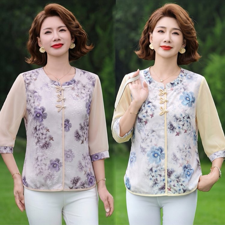 New Chinese-Style Ink Painting Floral Blouse with Retro Handmade Buttonwork, Color-Blocking, Breathable, Plus-Size, for Middle-Aged and Elderly Women