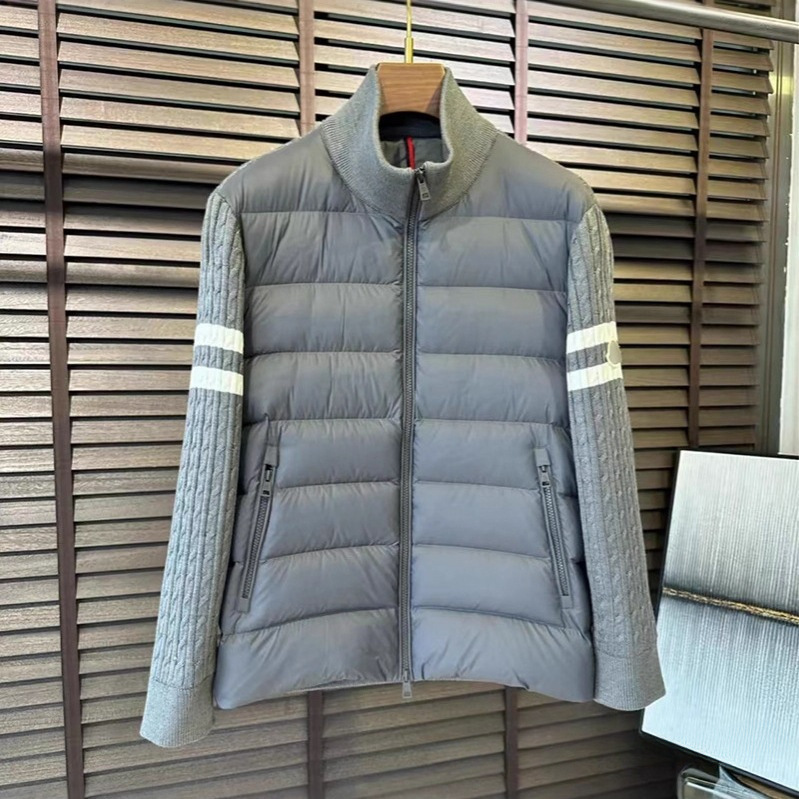 Cross-Border Authentic Version Men's Stand-Up Collar Zippered Striped Wool Knit Long-Sleeve Jacket Gray down Coat