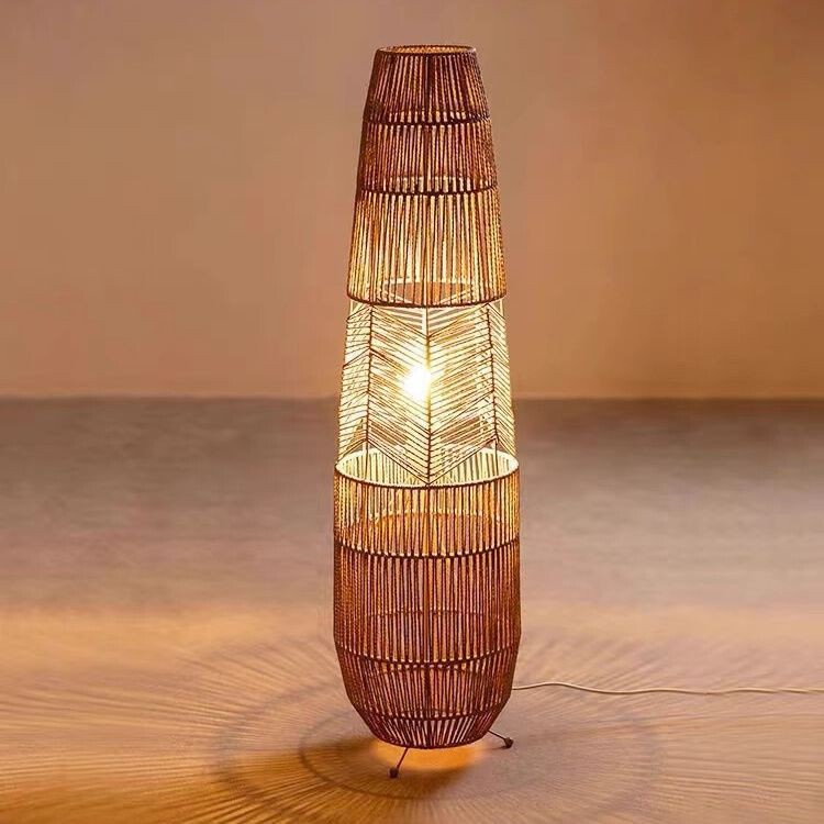 Led Floor Lamp for Guesthouse Tea House Rattan Art Tea Room Zen Living Room Bedroom Rattan Weaving Japanese Wabi-Sabi Style Three-Color Changing Light
