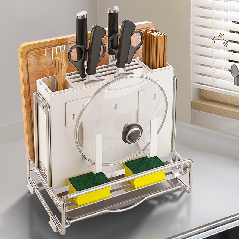 Estante de almacenamiento de herramientas multifuncionales de cocina con tablero de corte vertical de palillos y tablero de corte para cuchillo de verduras doméstico