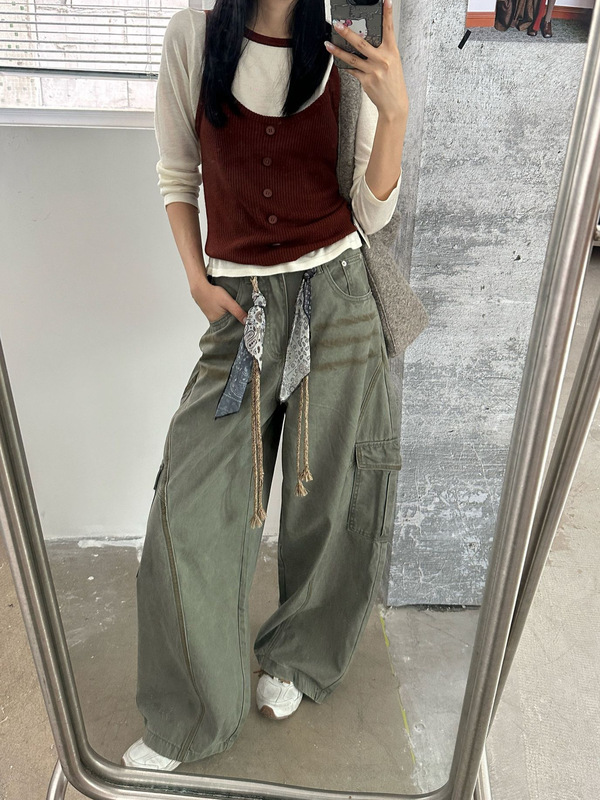 ME KAKAMEE十三行秋季美式口袋水洗工装休闲配腰绳牛仔裤女 C0386|undefined