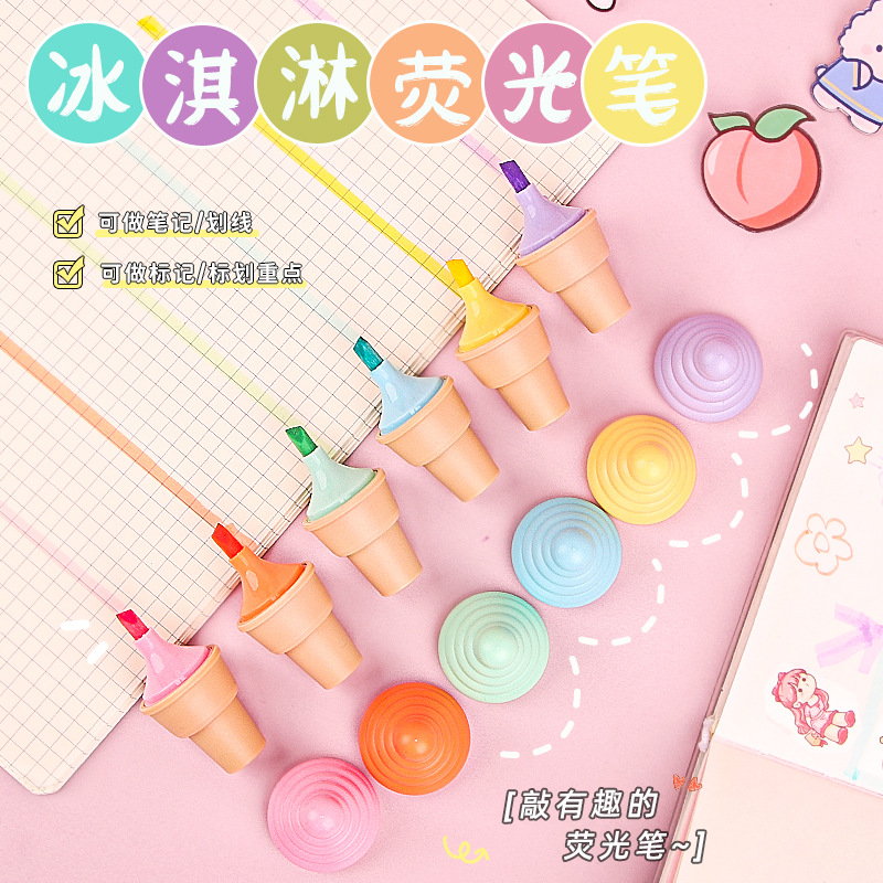 Cono creativo cono de helado resaltador estudiante de la Escuela Primaria 6-color marca graffiti mini diario bolso de la pluma al por mayor