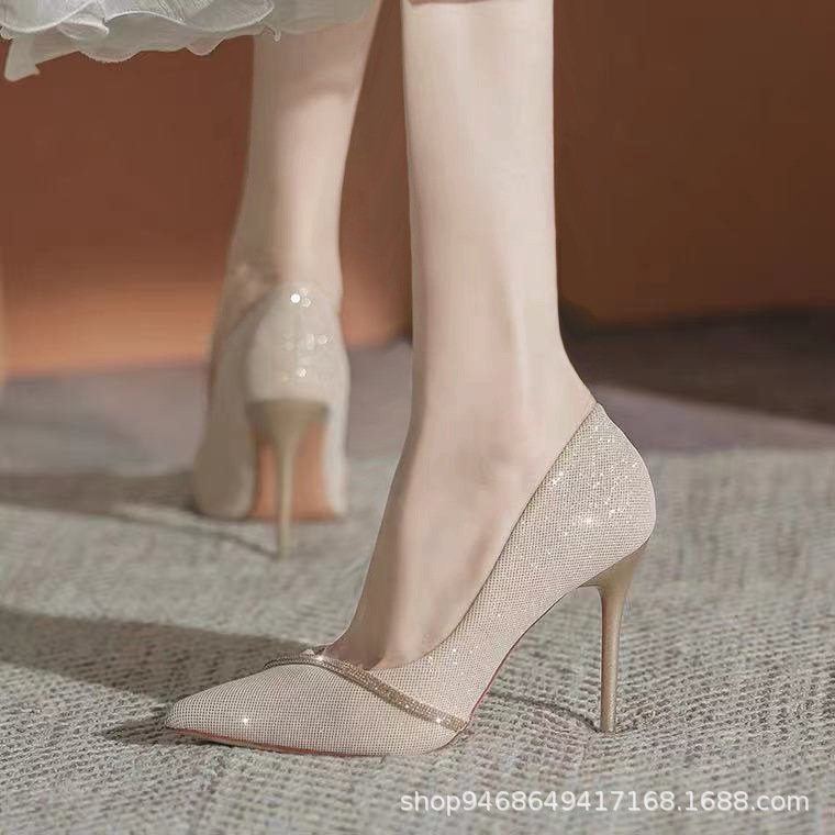 Single shoes women 2022 new spring and autumn fashion French girls pointed rhinestone stiletto heel banquet high heels 9cm