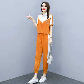 运动套装女2021年夏季新款时尚撞色拼接套装休闲运动减龄两件套女