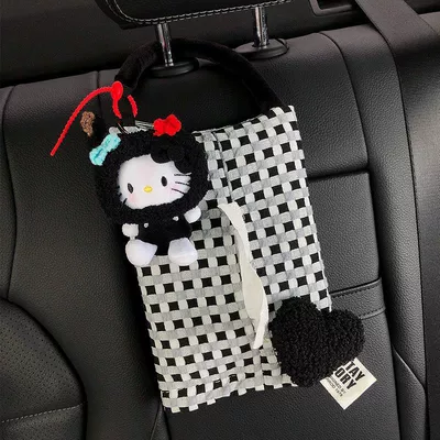 Cat Tissue Box, Car Tissue | Car tissue box/set - little-black-cat-with-black-ball-head-and-hat-heart-black-and-white-small-checkered-bag
