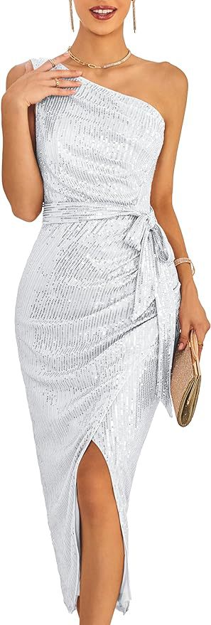 Vestido de lentejuelas de un solo hombro sin mangas para mujer Vestido cruzado brillante brillante Vestido de boda de cóctel con puntas abiertas