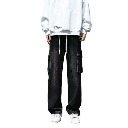 Cotton Smoke Grey Workwear Jeans Men's Spring and Autumn Season Floor-Length Straight Leg Long Pants with Multiple Pockets Vibe Pants