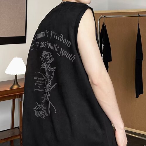 Men's American-style vest summer suede rose trend brand high street sports large size shoulderless shirt cool and handsome sleeveless men's t-shirt 