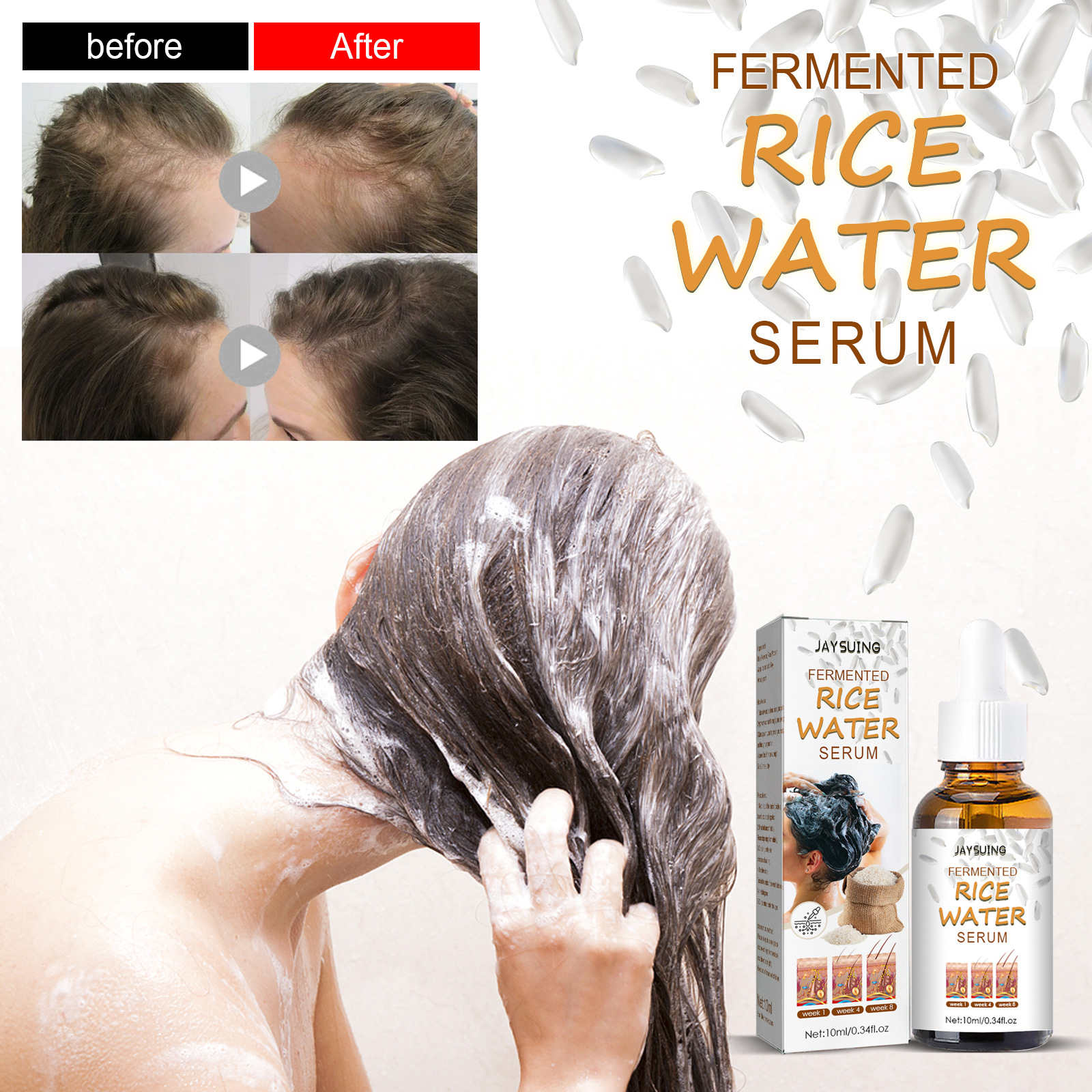 Essence d'eau fermentée de riz Jayswing, huile essentielle légèrement hydratante réparatrice pour cheveux secs et endommagés_voghion.com