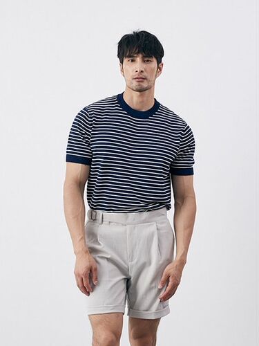 Summer Men's High-End Casual Striped Crew Neck Knit T-Shirt with Antibacterial Wrinkle-Resistant Slim Fit Green Short Sleeve Trendy