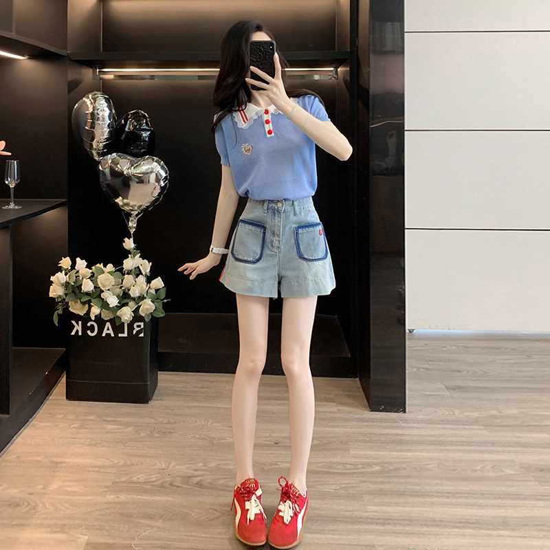 Fashion Rainbow Plaid Shirt Denim Shorts Set for Women Summer Stylish Age-Reducing Top Design Pants Two-Piece Set for Women