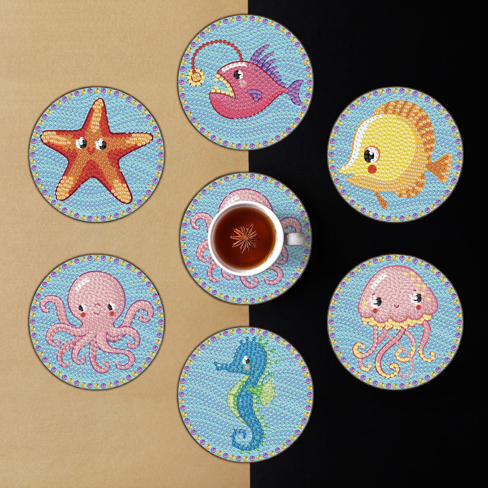 Diamante pintado estilo dibujos animados perimetral DIY redondo diamante pintado taza cojín de 6 piezas puede ser distribuido al por mayor