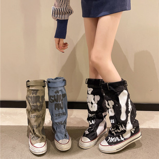 Casual Sneakers Graffiti High-top Canvas Shoes Women's Spring Boots Wide-tube Mid-tube Boots 2025 New Trousers Stacking Boots