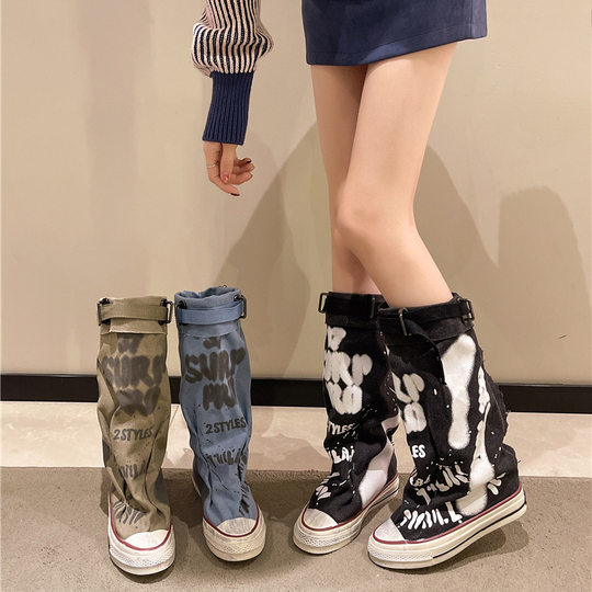 Casual Sneakers Graffiti High-top Canvas Shoes Women's Spring Boots Wide-tube Mid-tube Boots 2025 New Trousers Stacking Boots