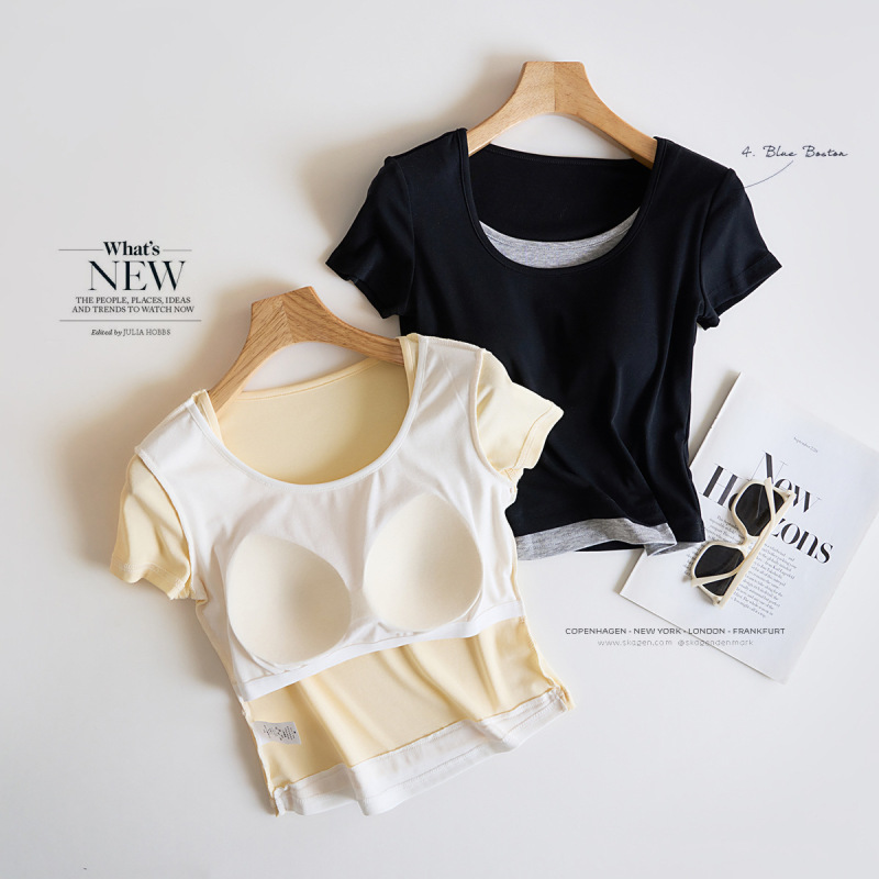 ライゼル7a抗菌胸パッド付き丸首ステッチ衝突色半袖tシャツ女性偽2枚の中に身を修める上着夏|undefined