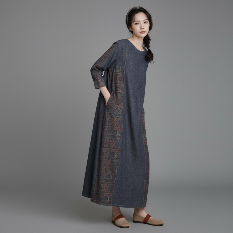 Foreign Trade Style Denim Dress, Extra Long, Loose, Casual, Fashionable, Plus Size, Women's Retro Patchwork Printed Dress Foreign Trade Style Denim Dress, Extra Long, Loose, Casual, Fashionable, Plus Size, Women's Retro Patchwork Printed Dress